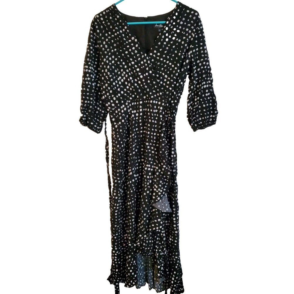 Sam Edleman Black White Polka Dot Wrap Midi Dress Ruffle Hem V Neck 3/4 Sleeve